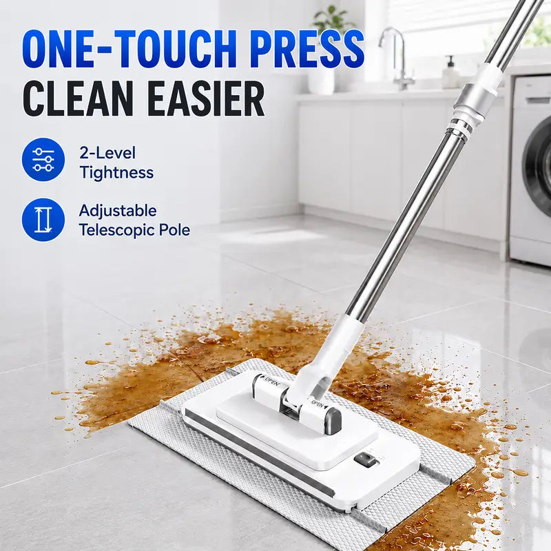 Retractable Disposable Pad Handheld Mop - Clamp-and-Go Clean Dry/Wet Cleaning Supply with Hands-Free Automatic Clamp, Replaceable Non-Woven Pads for Hardwood, Tile Floors