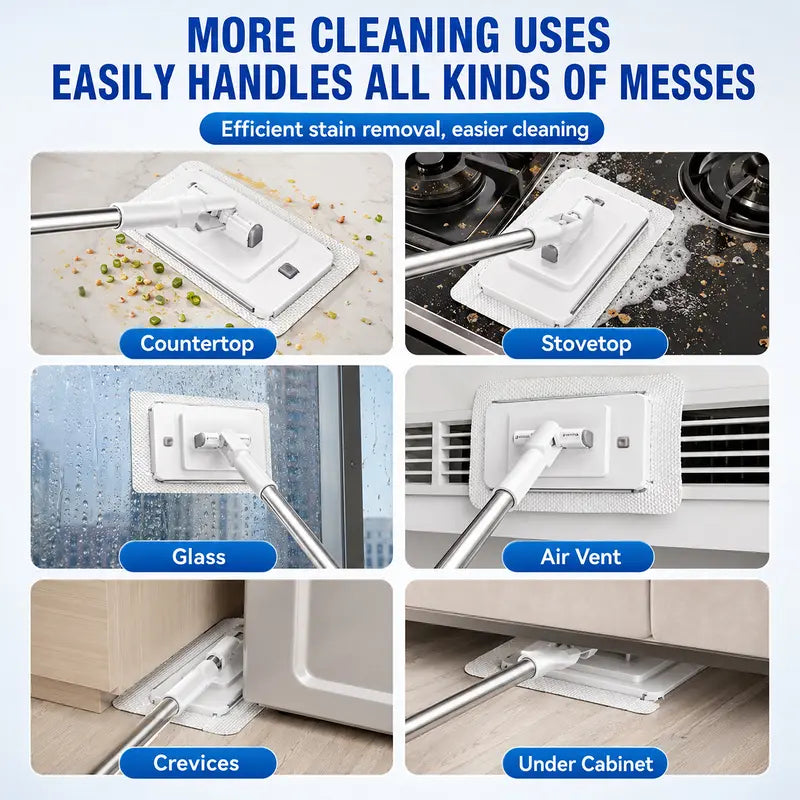 Retractable Disposable Pad Handheld Mop - Clamp-and-Go Clean Dry/Wet Cleaning Supply with Hands-Free Automatic Clamp, Replaceable Non-Woven Pads for Hardwood, Tile Floors